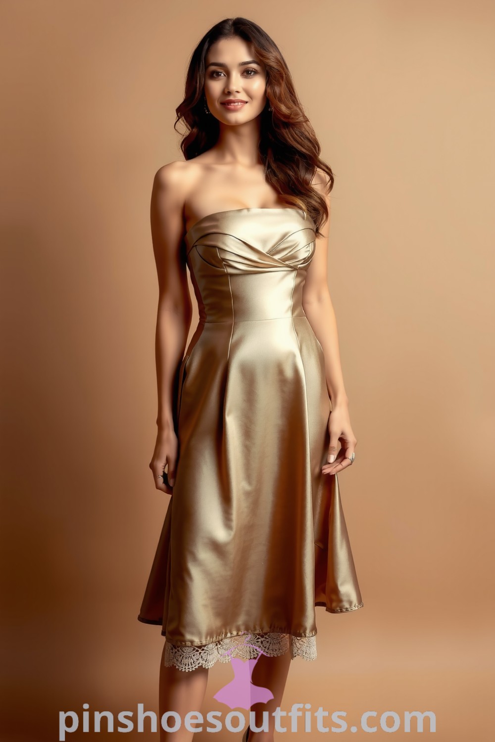 Off-the-shoulder satin dress with delicate pleats, lace trim, and flared hem, perfect for romantic dates. Elevate your elegance with this timeless style that every woman must try. pinshoesoutfits.com