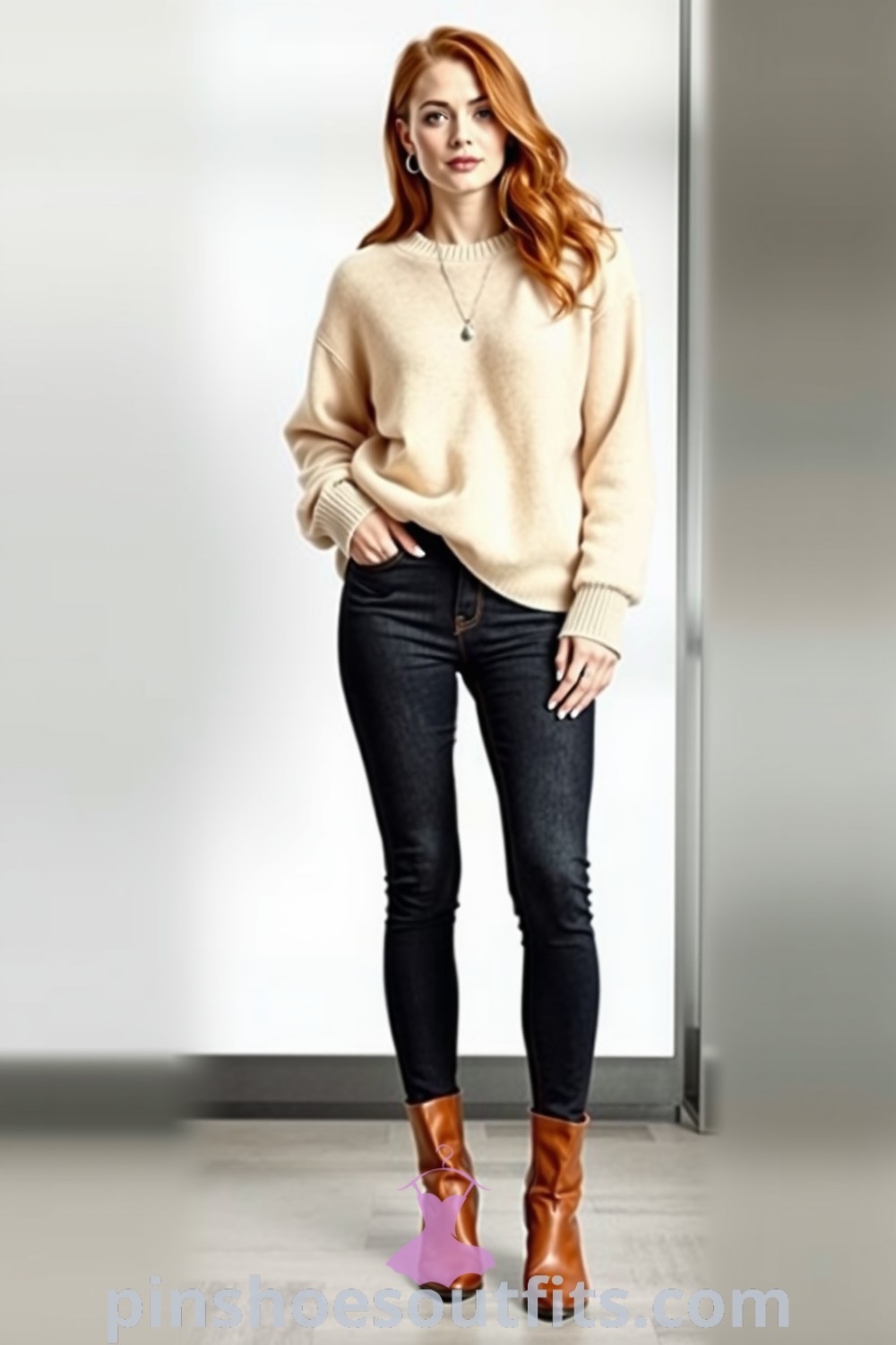 A woman wearing an oversized cashmere sweater with high-waisted jeans and ankle boots, accessorized with a delicate pendant necklace. A stylish outfit idea exuding elegance and comfort. pinshoesoutfits.com