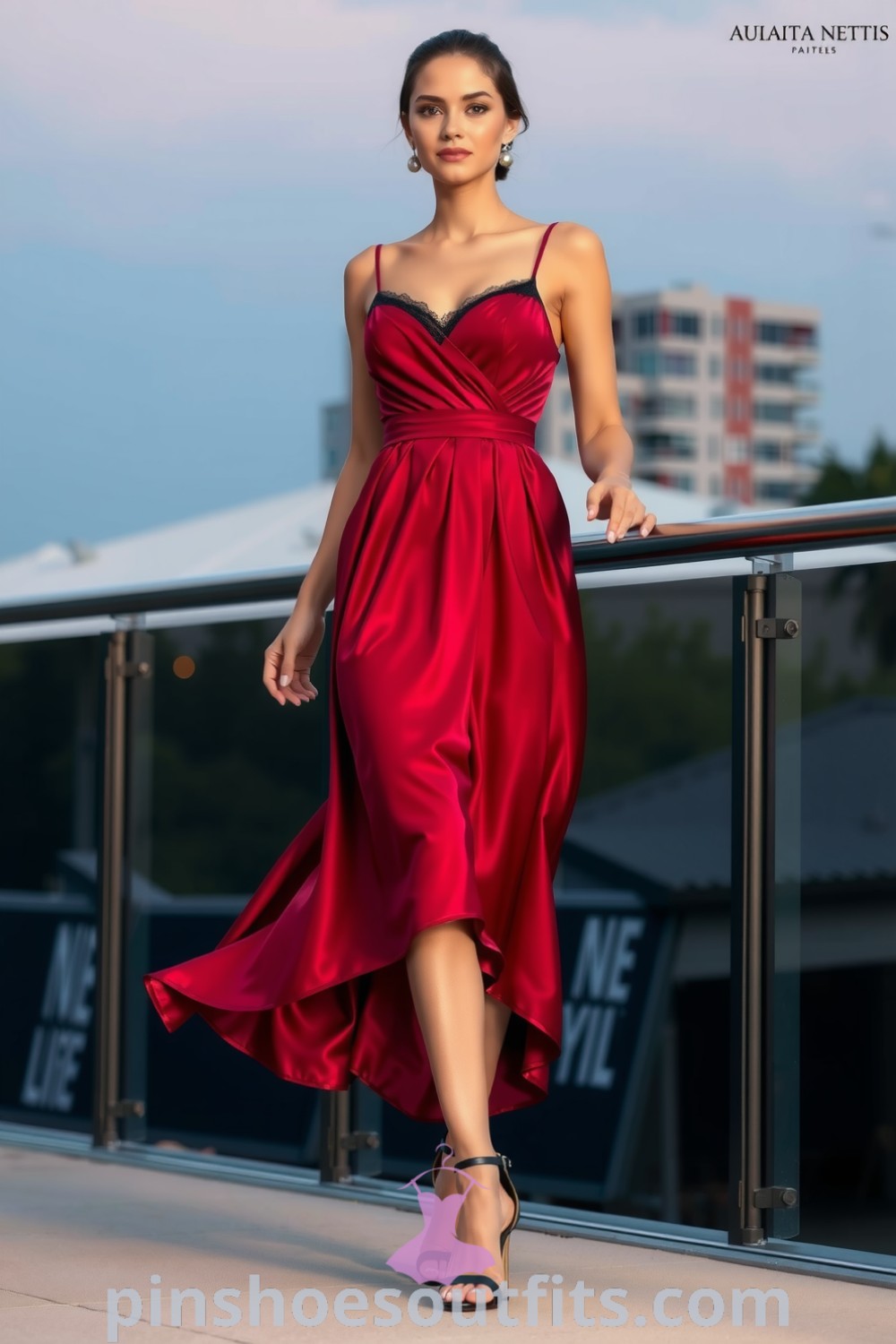 Elegant woman in a deep red satin midi dress with pleats and spaghetti straps, paired with black heels and pearl earrings. A perfect outfit idea for a romantic evening. pinshoesoutfits.com