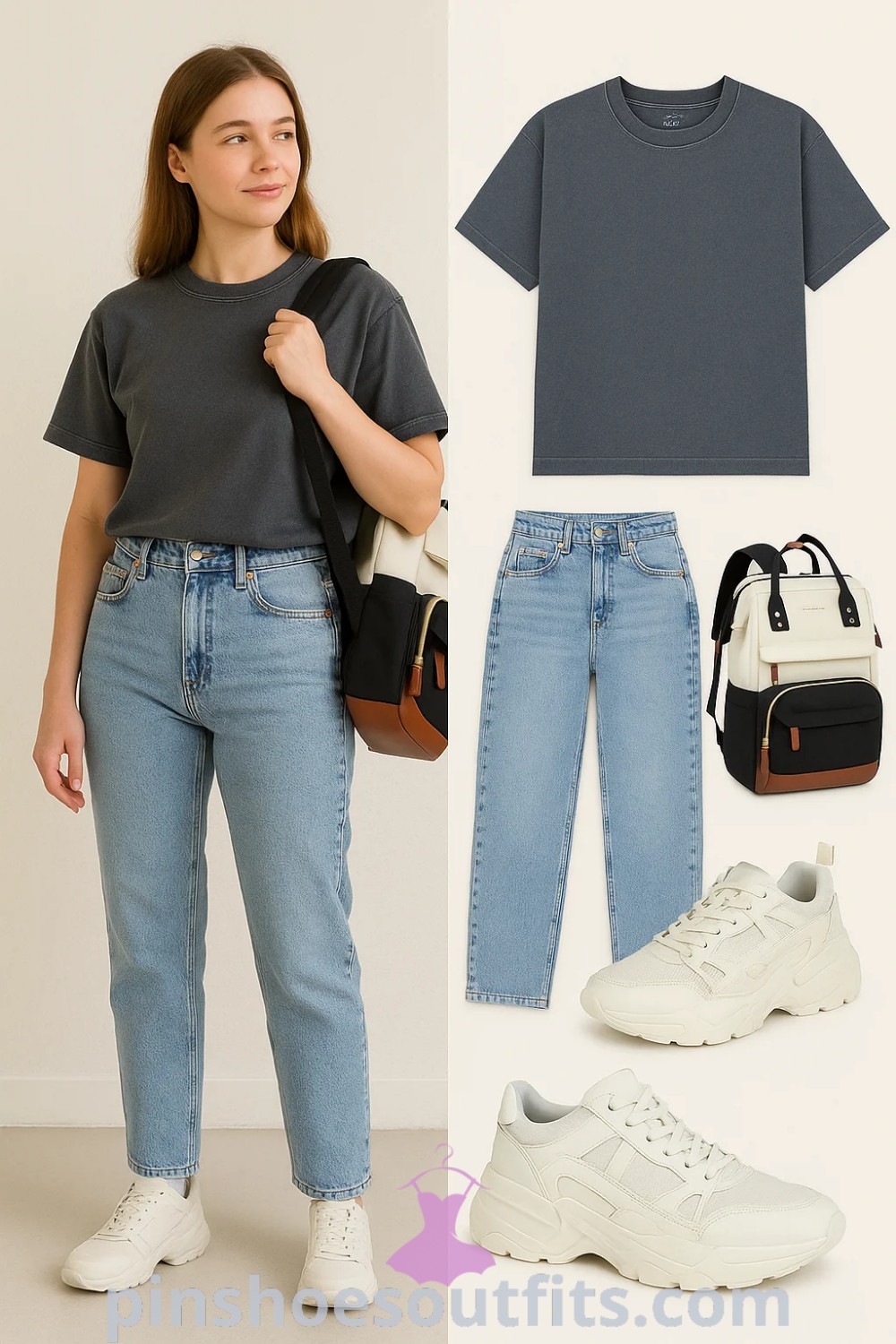 A charcoal gray t-shirt paired with light blue straight-leg jeans, complemented by chunky white sneakers and a modern black and cream backpack on a clean background, creating an effortlessly stylish Basic Casual outfit ideal for daily errands, brunch, and travel, featured on pinshoesoutfits.com.