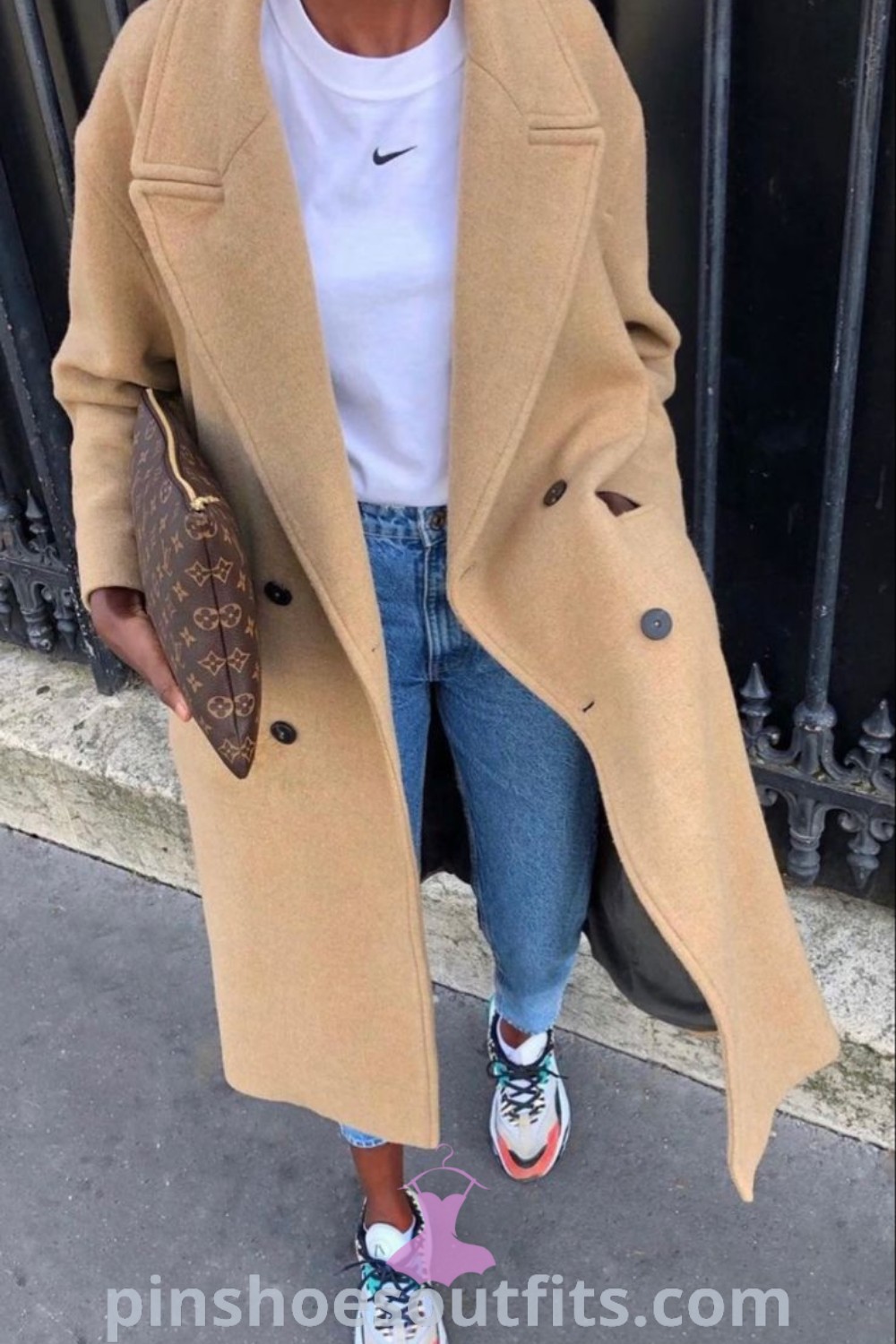 Chic winter outfit with a tan coat showcasing street style and sport chic aesthetics. Discover outfit ideas for casual elegance that blend warmth and fashion seamlessly. Explore more stylish inspiration at pinshoesoutfits.com