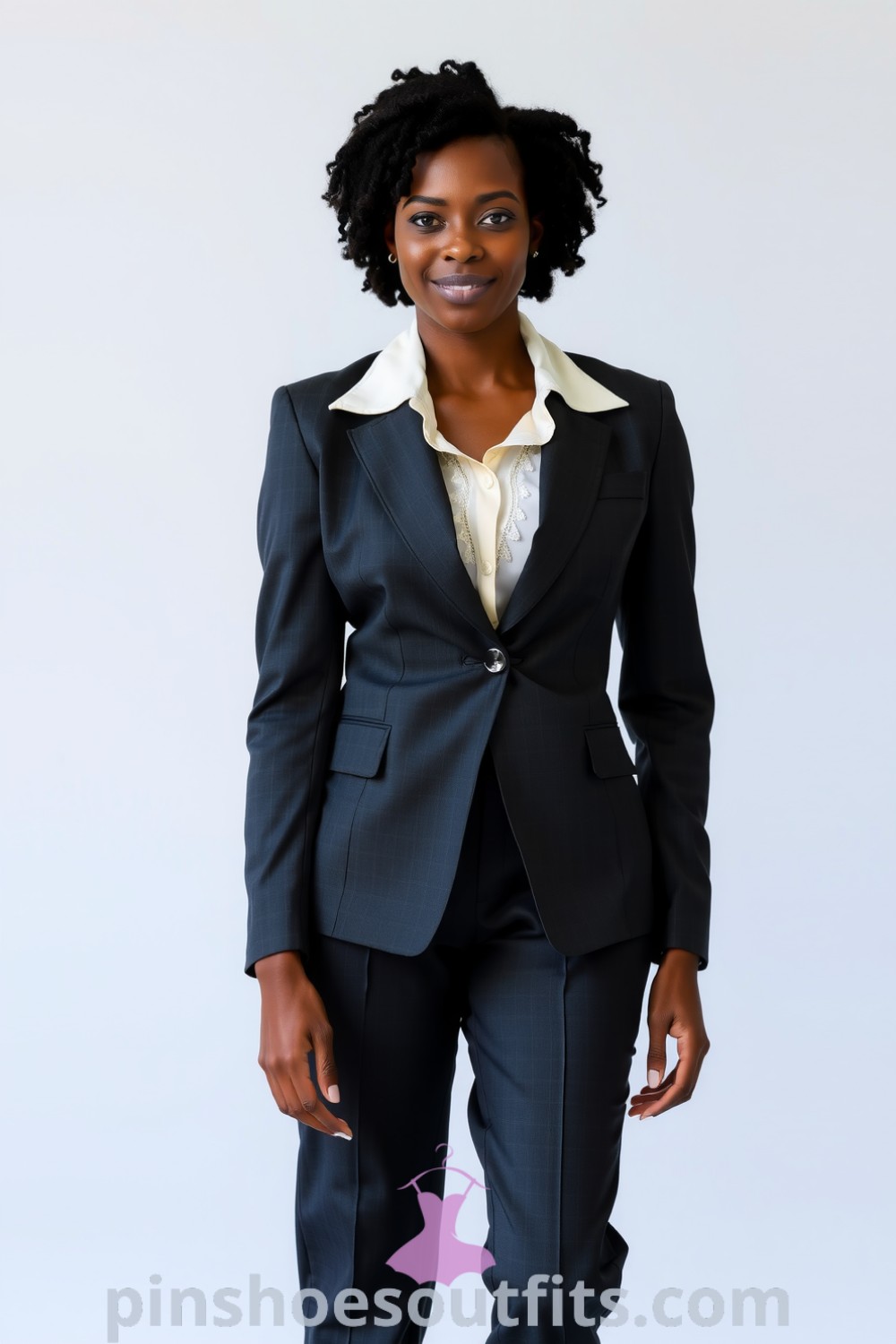 Elegant professional ensemble featuring a Black woman in a tailored charcoal blazer, high-waisted trousers, and a cream blouse with lace detailing, perfect for office style inspiration. pinshoesoutfits.com