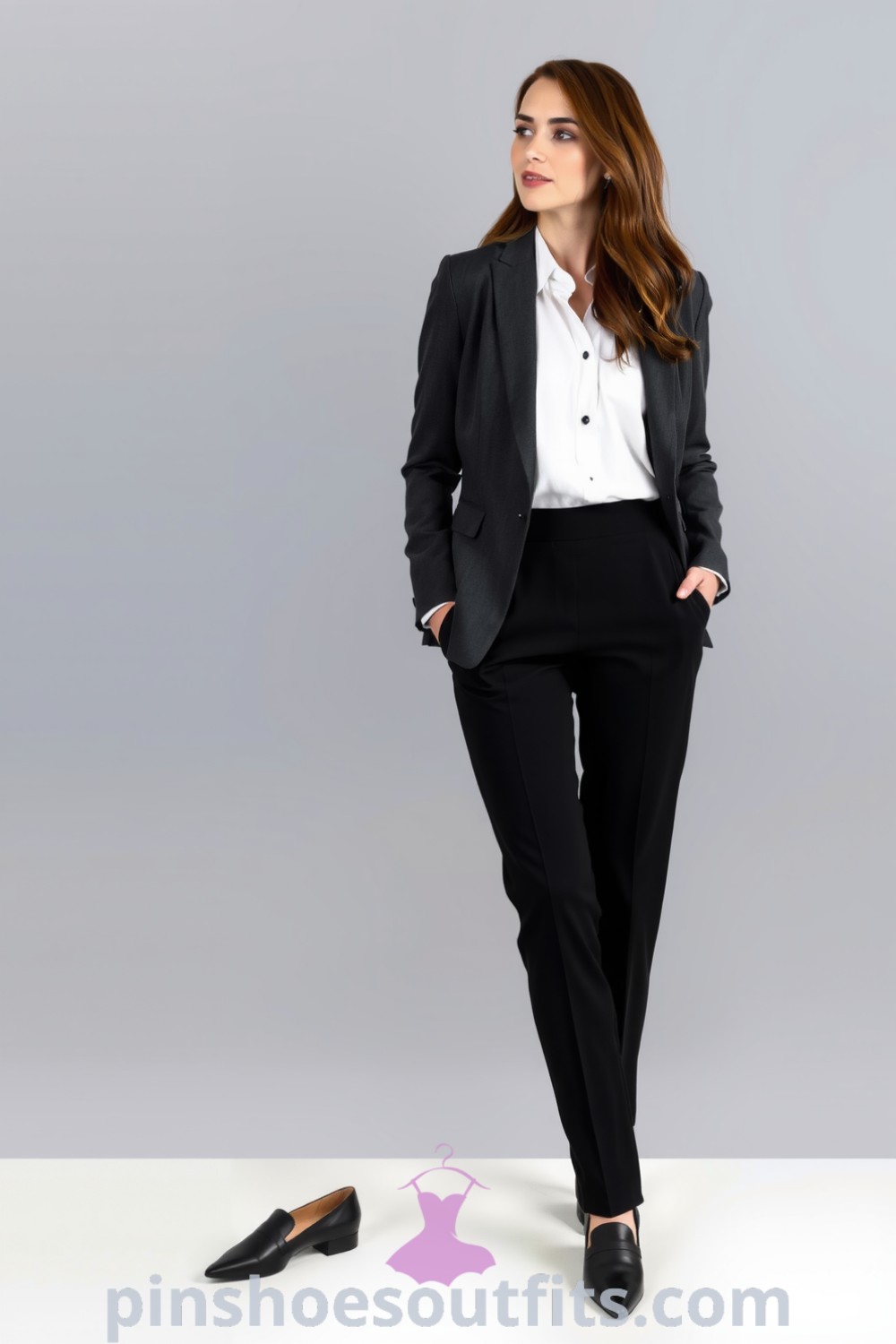 Professional outfit displaying a tailored charcoal blazer, crisp white blouse, high-waisted black trousers, and pointed-toe loafers, embodying stylish professionalism. pinshoesoutfits.com