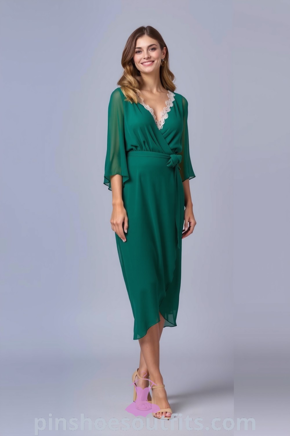 A woman in a stunning emerald green wrap dress made of soft chiffon with lace detailing, complemented by nude strappy heels, showcasing elegance and sophistication. pinshoesoutfits.com