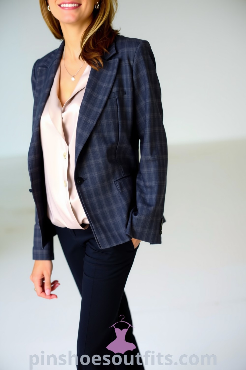 Stylish woman in a fitted charcoal blazer, silk blouse, tailored black trousers, and pointed-toe heels, showcasing elegance and professionalism. Perfect inspiration for office attire. pinshoesoutfits.com