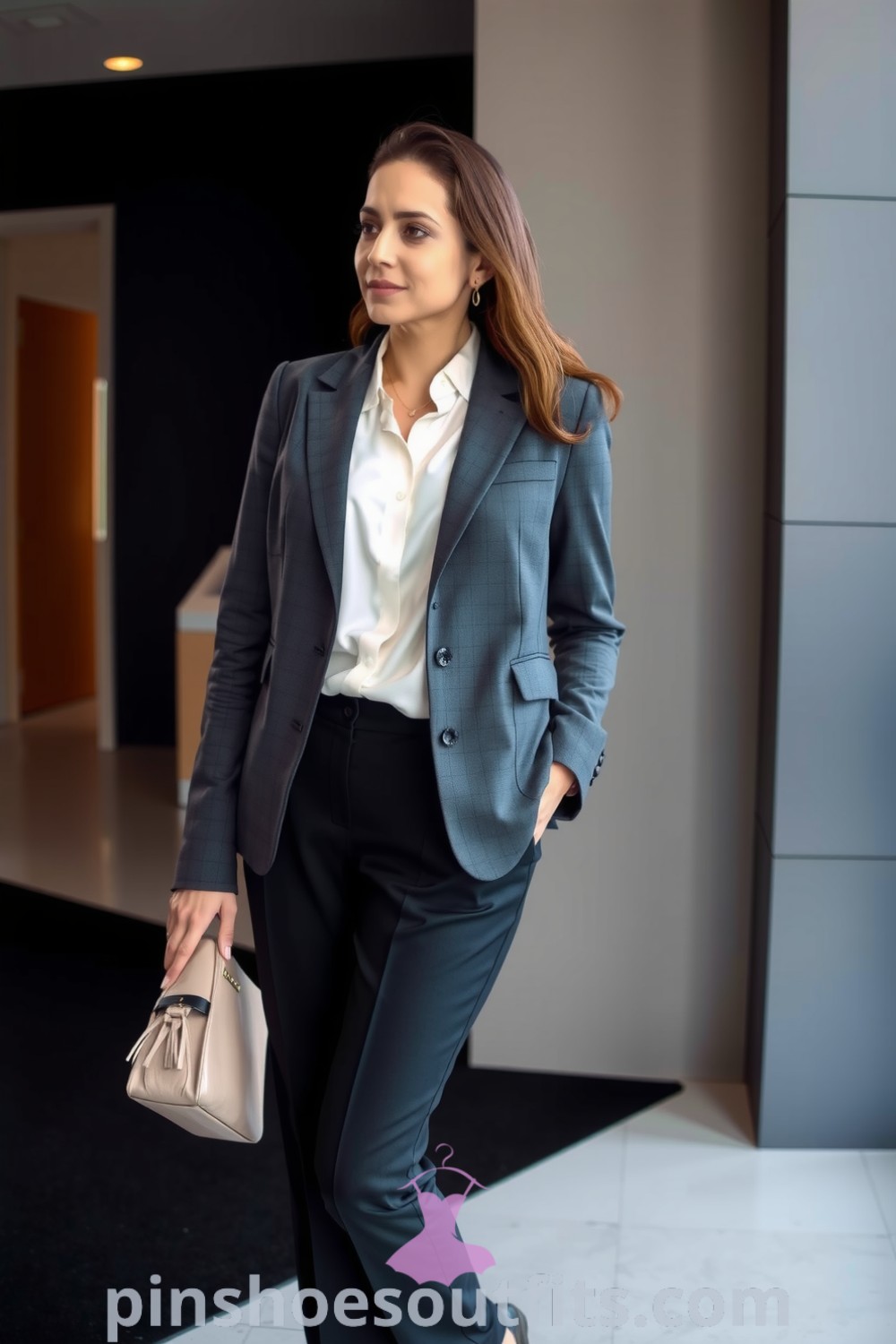 Chic professional workwear outfit featuring a tailored charcoal grey blazer, black tailored trousers, and a silky white blouse with lace trim. A sophisticated look for the office. pinshoesoutfits.com