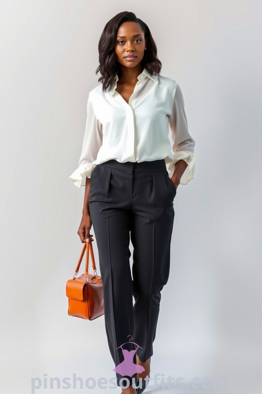 Chic workwear ensemble featuring a Black woman in tailored high-waisted charcoal trousers and a white chiffon blouse with pleating. Ideal for professional settings, combining elegance and style. pinshoesoutfits.com