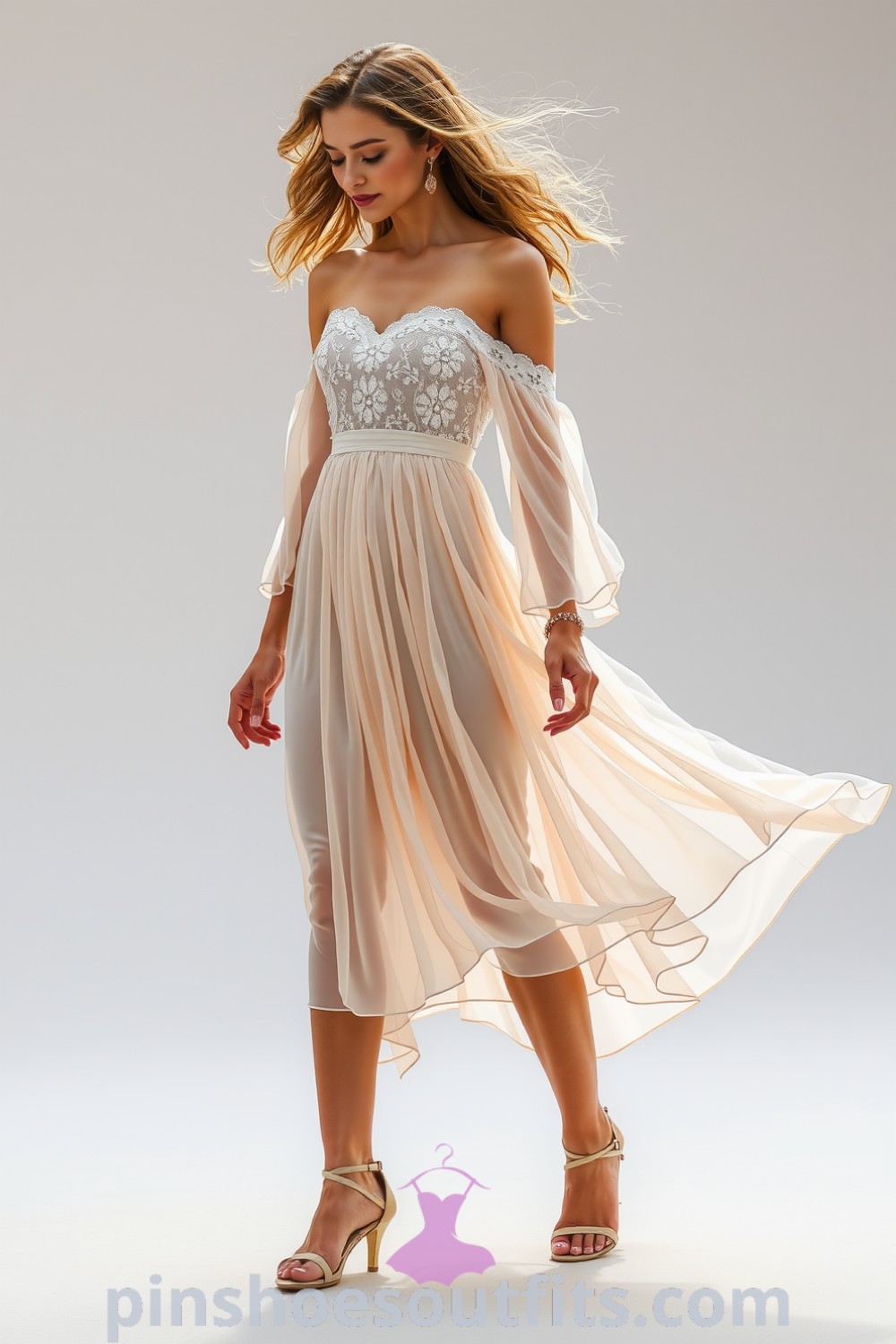 Off-the-shoulder chiffon dress with lace detailing, A-line skirt, and strappy heels; a perfect elegant outfit for a romantic evening. pinshoesoutfits.com
