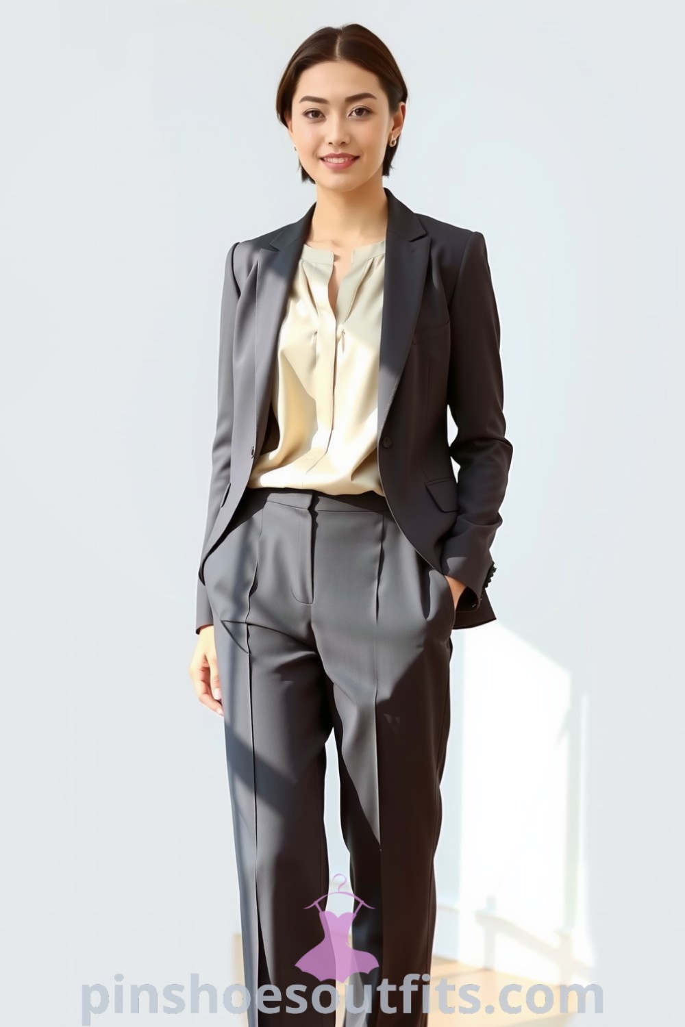 Professional woman in a tailored charcoal blazer, high-waisted wide-leg trousers, and a silk blouse. A stylish and comfortable office outfit that embodies elegance and sophistication. pinshoesoutfits.com