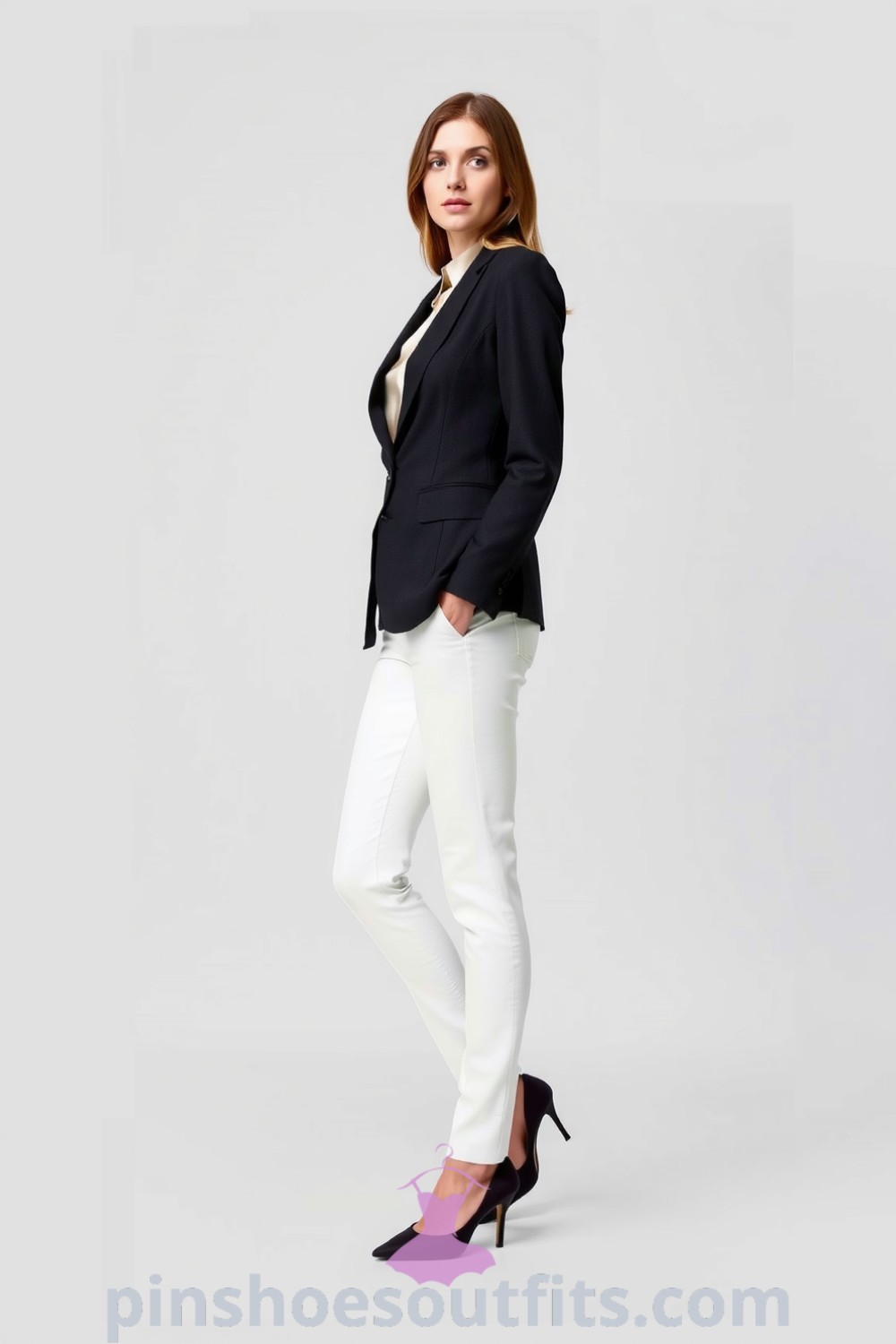 Chic professional workwear outfit featuring a tailored charcoal blazer, silk blouse, crisp white trousers, and pointed-toe heels, perfect for a refined look in the workplace. pinshoesoutfits.com
