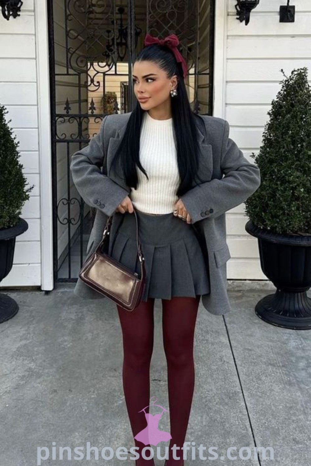 Burgundy outfit featuring stylish red tights, perfect for winter fashion outfits that blend casual elegance. Ideal for festive occasions and work fits, these looks are crafted to inspire your chic style this season. Discover more outfit ideas at pinshoesoutfits.com.