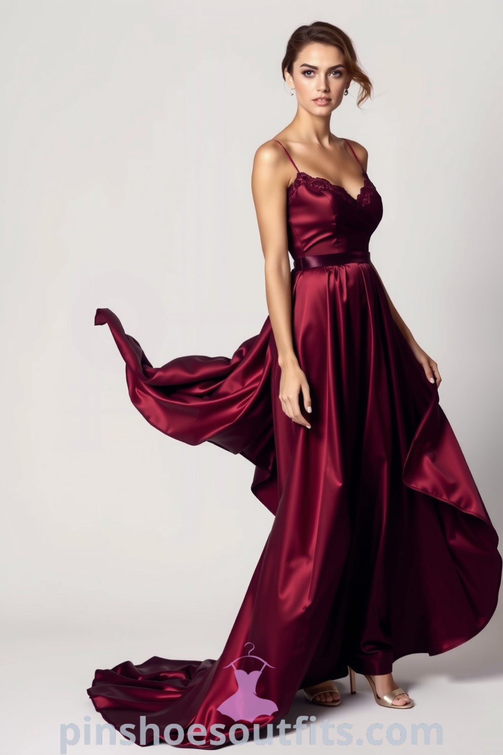 Elegant woman in a deep burgundy satin dress with lace detailing, showcasing a flowing silhouette and strappy heels. A stunning outfit idea for a chic and classy date night from pinshoesoutfits.com.