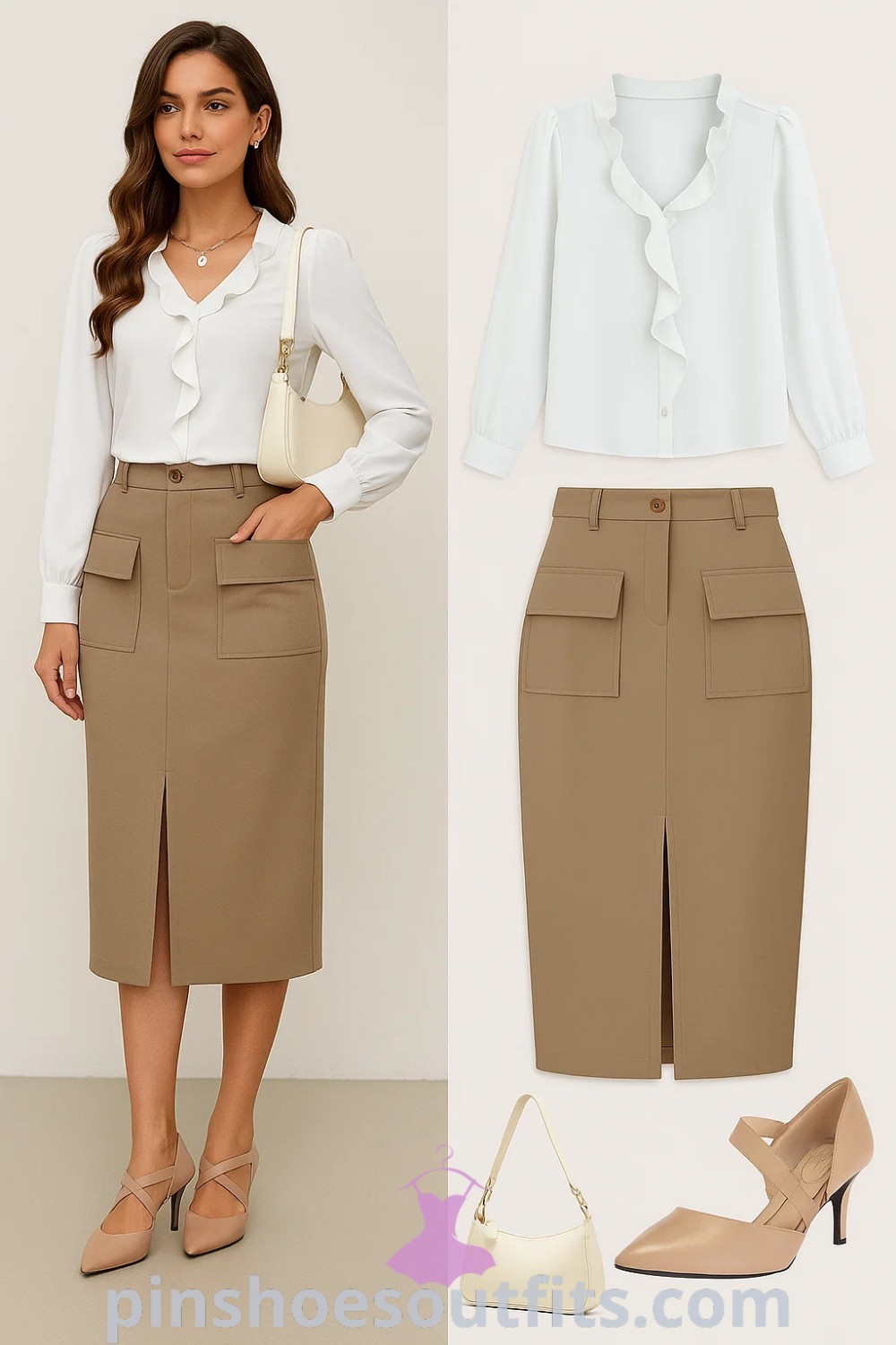 Fitted white ruffled blouse, beige pencil skirt with pockets, nude pointed toe heels, and a cream shoulder bag create a chic smart casual look. Ideal for office meetings, brunch, or formal events, this sophisticated outfit combines elegance and trendiness. Discover more at pinshoesoutfits.com.