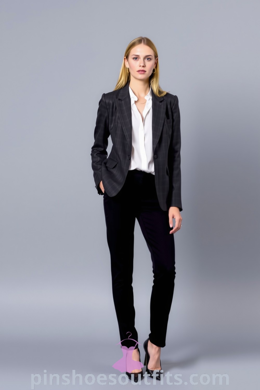 A woman in modern workwear featuring a tailored charcoal blazer, white blouse, and sleek black trousers. Complemented by pointed-toe heels and gold accessories, this outfit inspires women