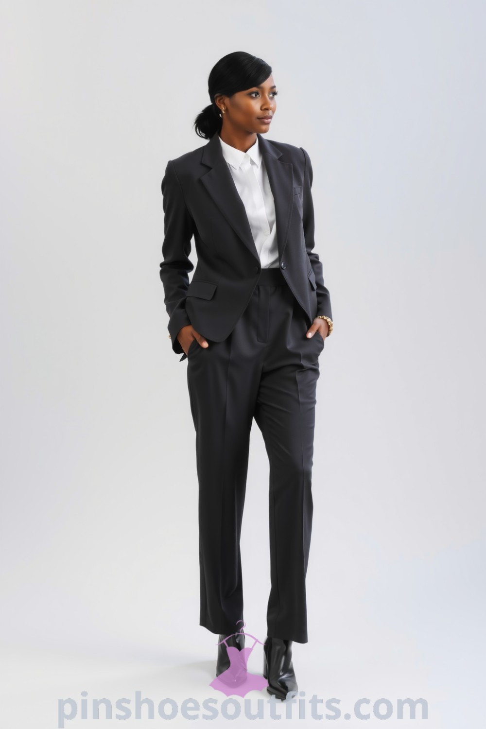 Chic professional workwear outfit with a tailored charcoal blazer, white blouse, high-waisted wide-leg trousers, and polished ankle boots. A refined and elegant style ideal for the office. pinshoesoutfits.com
