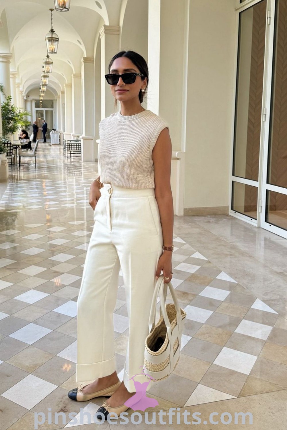 Chic shades of white outfit featuring a sleeveless top and white pants, perfect for business casual style women. Ideal knit summer outfit for the office, combining elegance and comfort for a stylish office look. Discover more outfit ideas to inspire your look this season at pinshoesoutfits.com