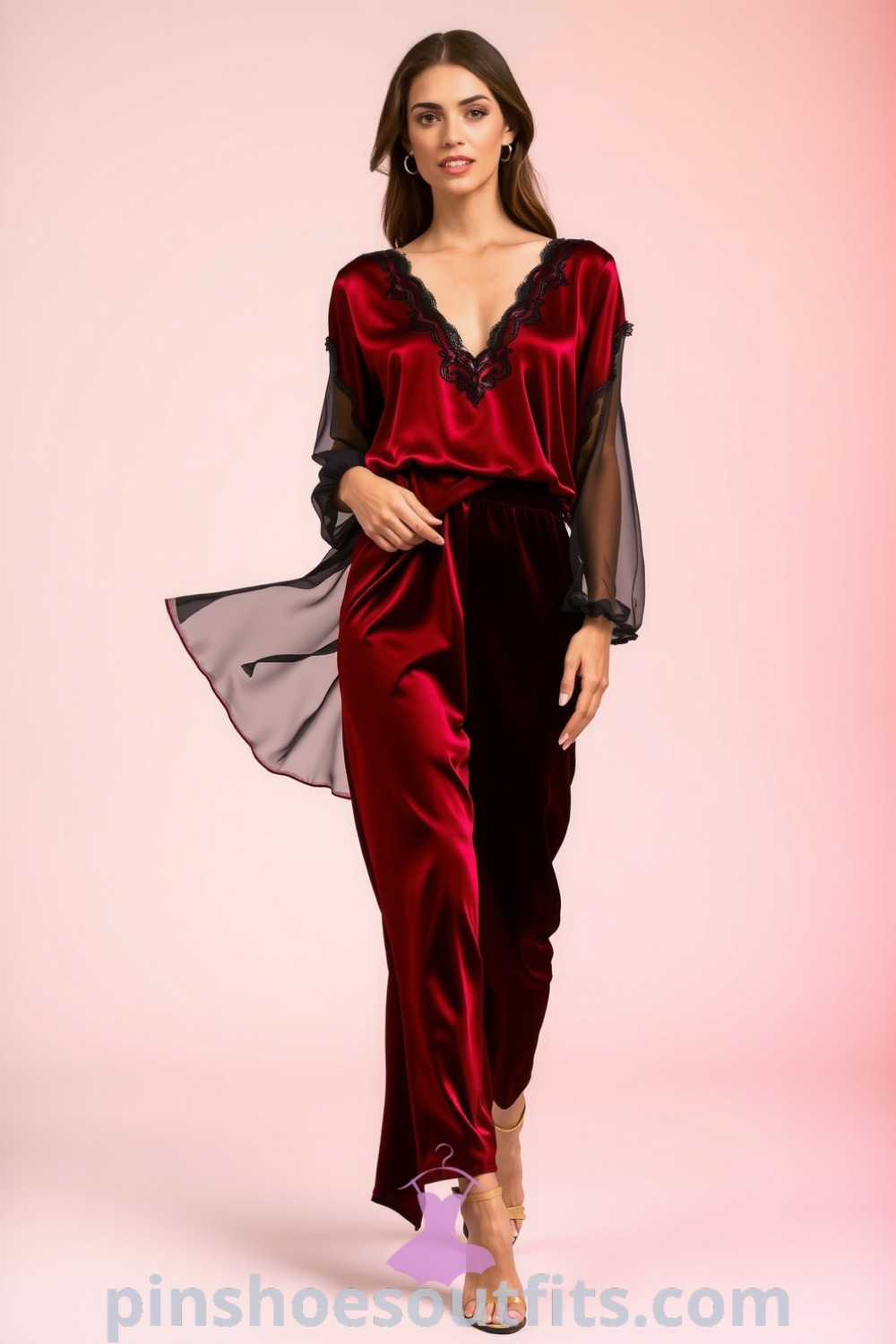 Elegant red satin midi dress with lace detailing, perfect for date nights, embodying sophistication and charm. Outfit ideas to look chic and classy at pinshoesoutfits.com