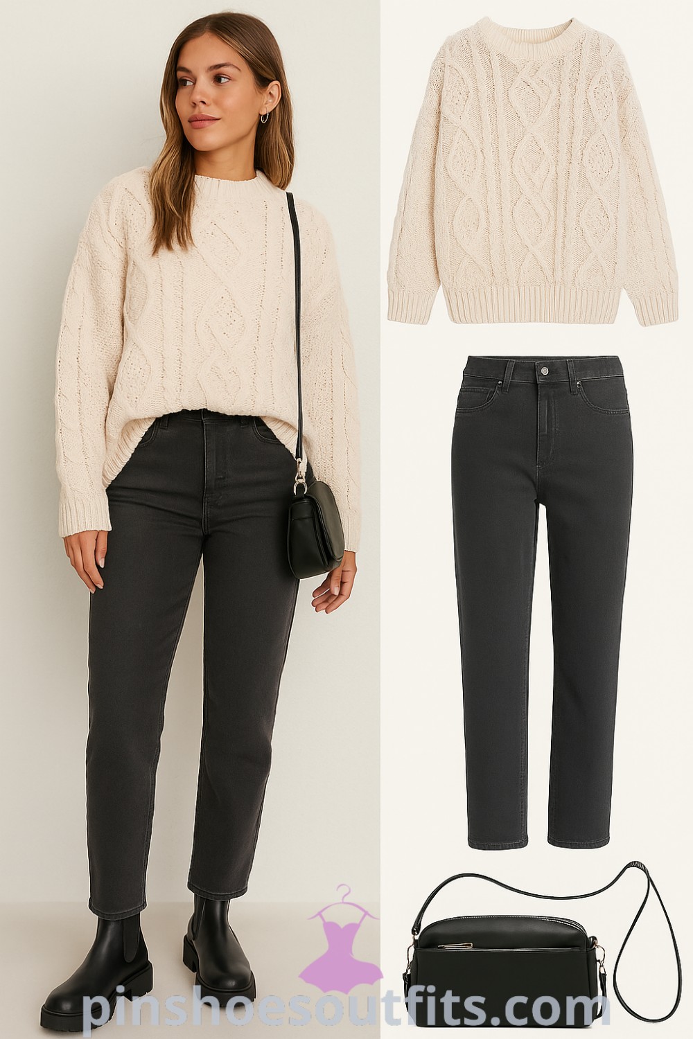 Cozy cream cable knit sweater, dark gray straight leg jeans, chunky black boots, and black crossbody handbag create an effortlessly chic Basic Casual outfit. Perfect for everyday wear, it suits errands, brunch, and travel. Discover more outfits at pinshoesoutfits.com.