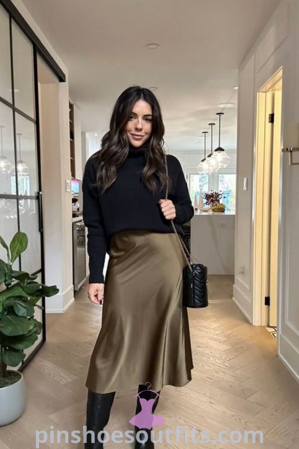 Elegant Satin Skirt Outfit showcasing winter fashion inspiration, perfect for modesty outfits and elegant evening wear. A chic ensemble suitable for work fits and the best winter outfits, offering stylish ideas for a seasonal wardrobe. Discover more outfit ideas at pinshoesoutfits.com