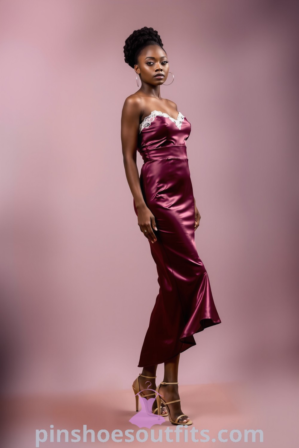 Elegant Black woman in a fitted knee-length satin dress with lace trim and strappy heels. Perfect for romantic evenings and stylish outings. pinshoesoutfits.com