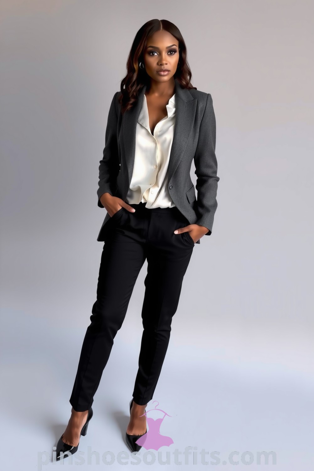 Professional woman in a charcoal grey blazer and white blouse, paired with black trousers and pointed-toe heels, showcasing elegance and sophistication. pinshoesoutfits.com