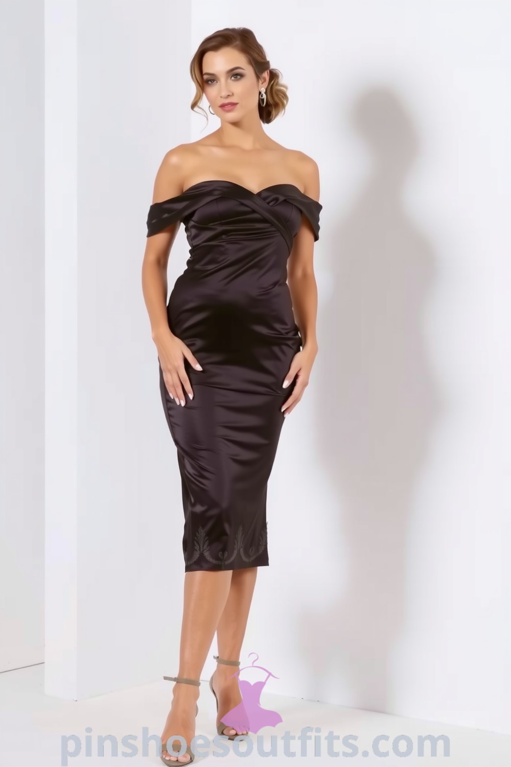 Figure-hugging off-the-shoulder satin dress with delicate ruching and lace accents, perfect for elegant occasions. Inspiring outfit ideas for women to look chic and expensive. pinshoesoutfits.com
