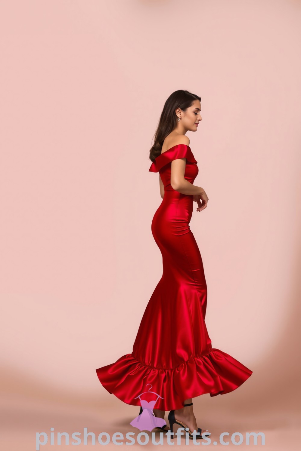 A beautiful woman in an off-the-shoulder red satin dress with ruffles, gliding through the evening. The dress showcases elegance and sophistication, perfect for a memorable date night. pinshoesoutfits.com