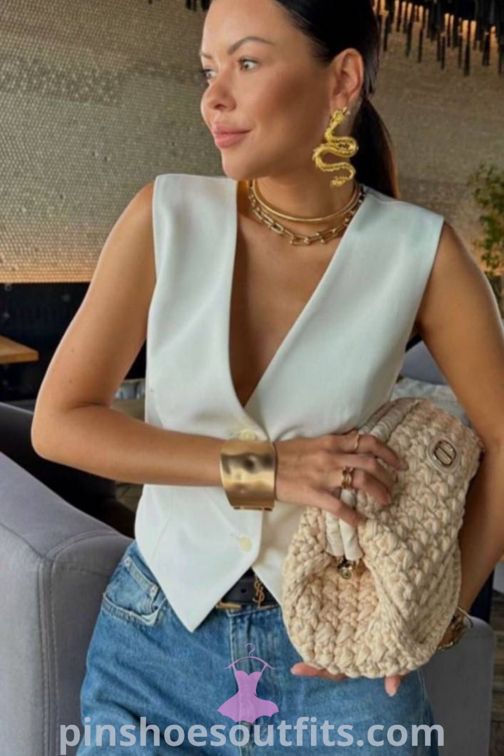 Chic waistcoat outfit for summer featuring casual chic elements and stylish designs from 2024 outfits. Perfect for casual occasions, this outfit inspires with its elegant aesthetic and summer fashion looks. Discover more ideas for everyday elegance at pinshoesoutfits.com