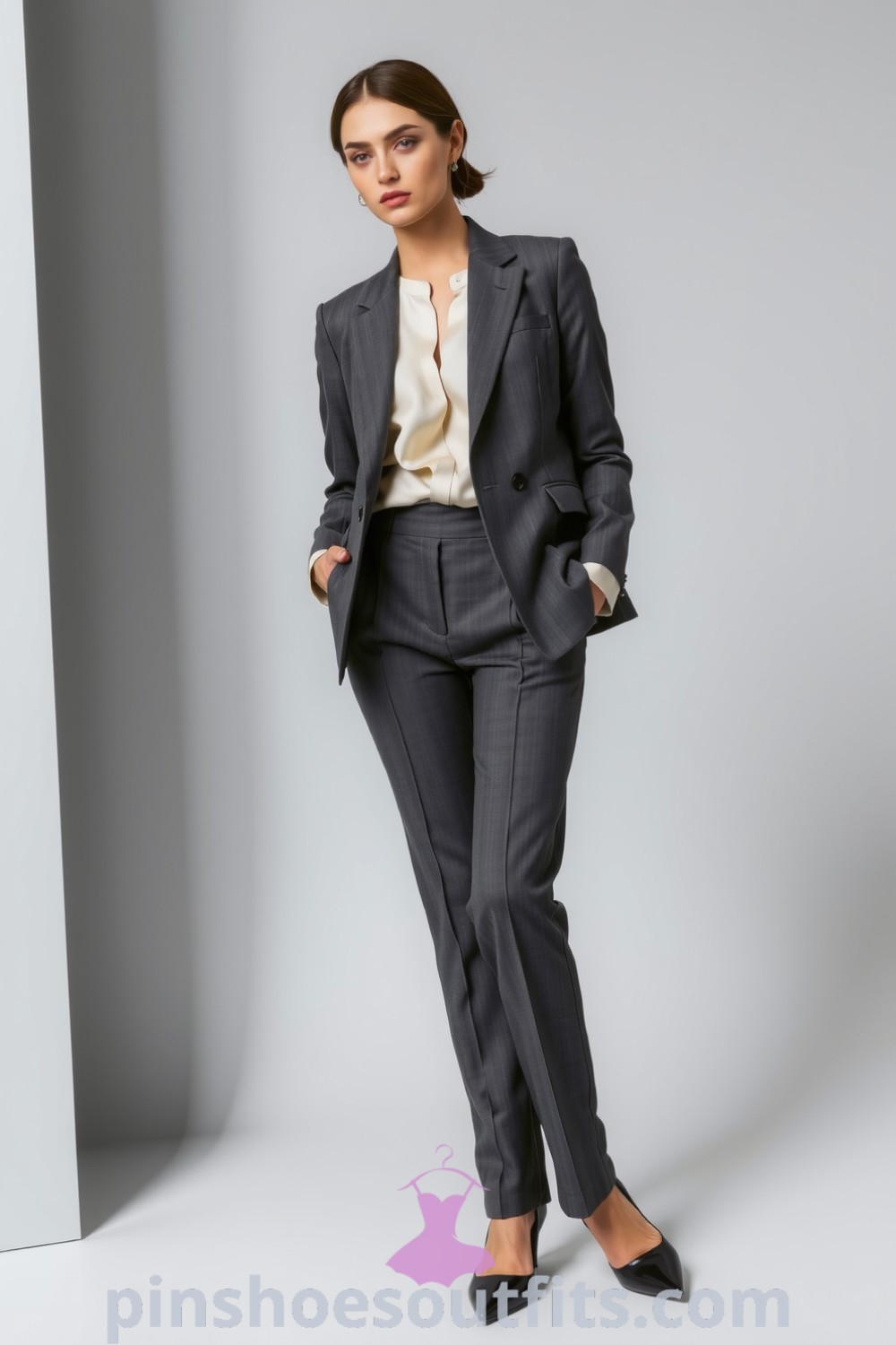 Professional outfit featuring a tailored blazer, high-waisted trousers, and a silk blouse, ideal for the workplace. A stylish ensemble emphasizing elegance and comfort. pinshoesoutfits.com