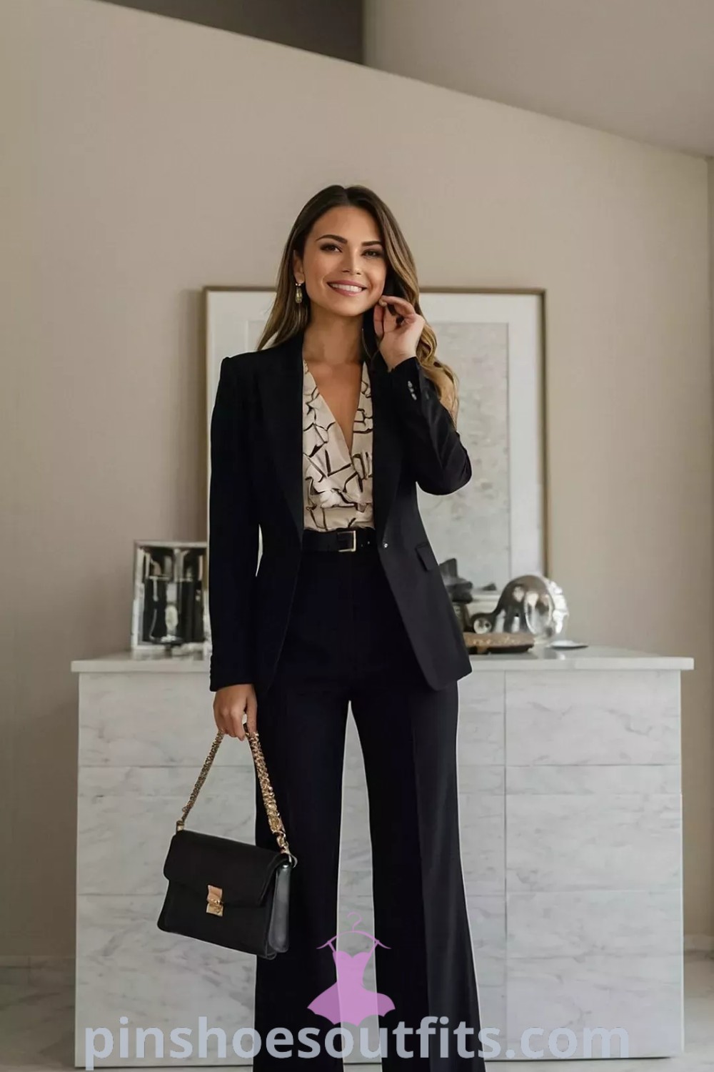 Chic professional outfit featuring a tailored black blazer and classy pant suit, perfect for women attorneys and HR managers. Elegant professional jewelry enhances the look, making it ideal for winter business professional settings. Explore more stylish outfit ideas at pinshoesoutfits.com.