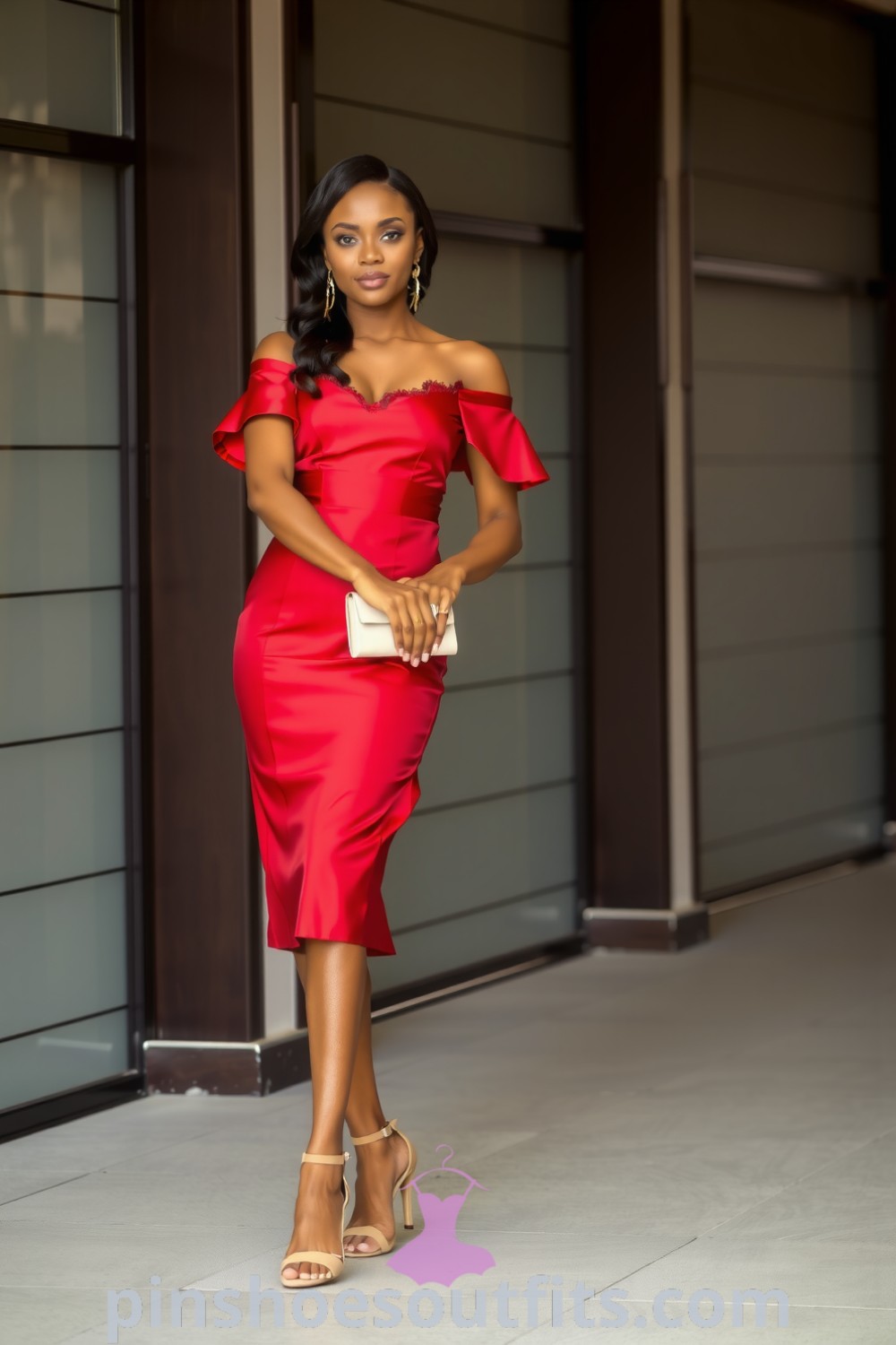 An elegant Black woman wearing a fitted off-the-shoulder crimson midi dress with lace trim, complemented by nude heels and a clutch. A stylish and classy outfit to inspire your look this season. pinshoesoutfits.com