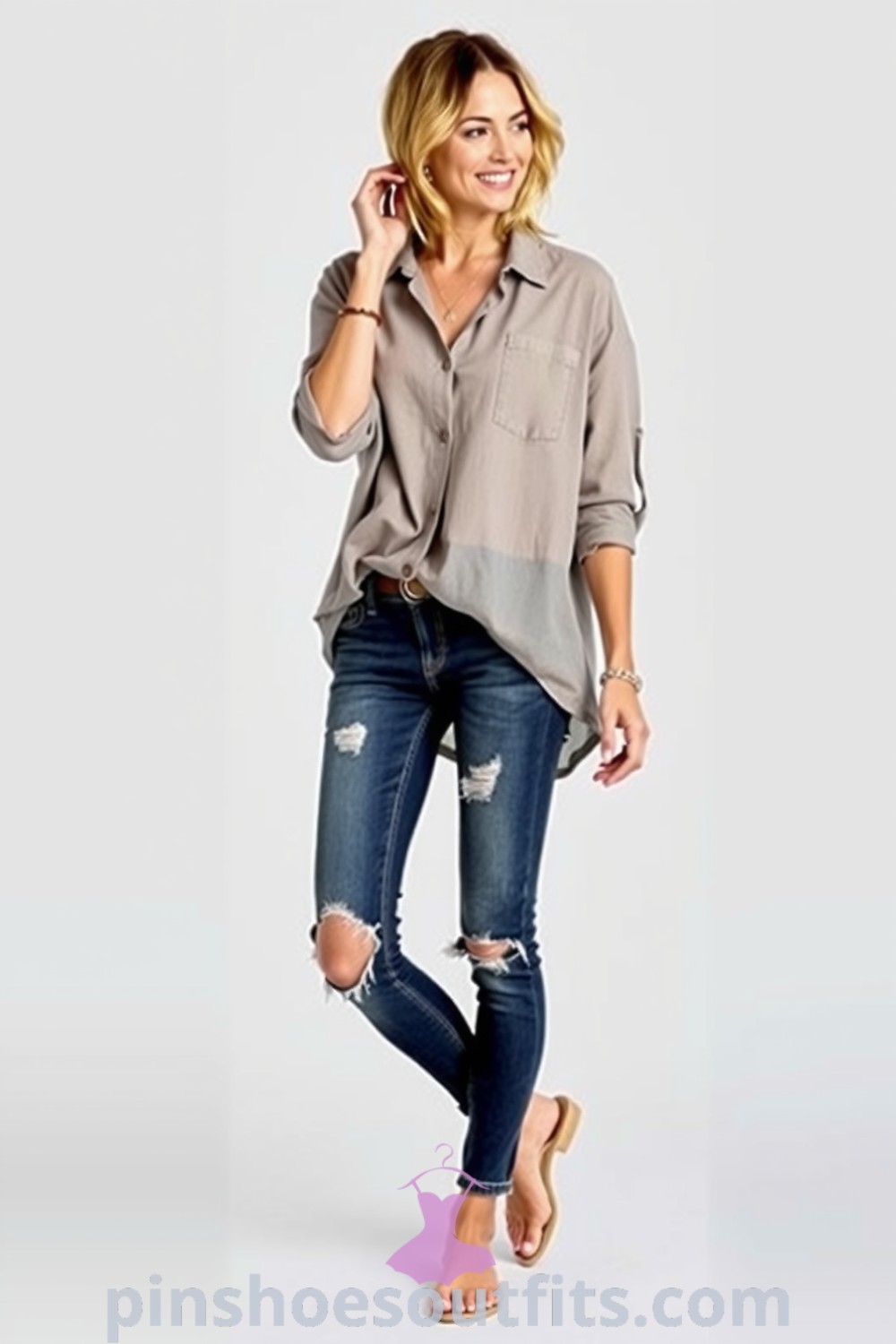Stylish outfit featuring a soft oversized linen shirt, fitted distressed jeans, strappy sandals, and minimalistic jewelry, perfect for casual outings. pinshoesoutfits.com