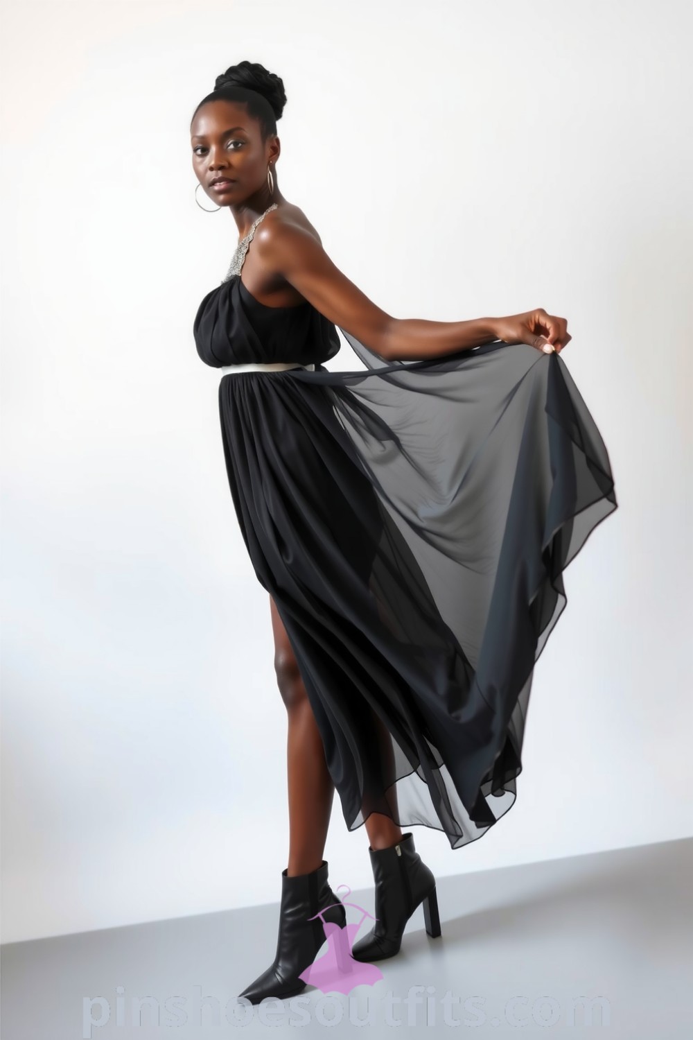 Elegant Black woman wearing a flowing chiffon dress with delicate lace detailing and sleek ankle boots, showcasing effortless style and sophistication for special occasions. pinshoesoutfits.com