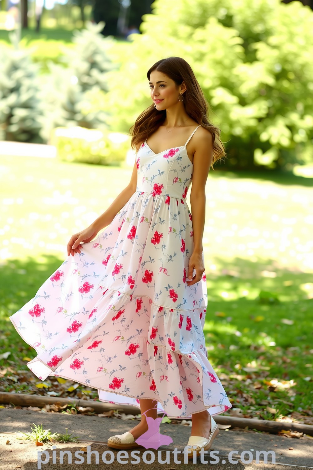 A woman in a breezy floral sundress with a fitted bodice and flared skirt, complemented by espadrilles. Stylish and elegant outfit perfect for sunny outings. pinshoesoutfits.com