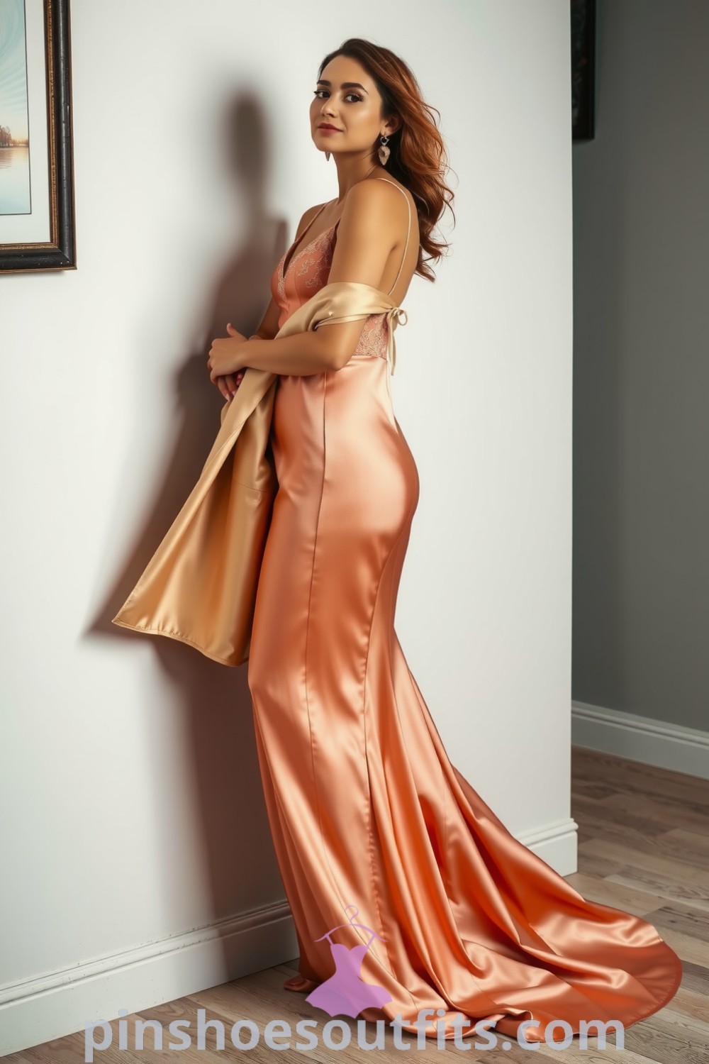 Elegant satin slip dress with lace detailing and a contrasting wrap, complemented by strappy heels and minimal accessories. An inspiring outfit idea for chic and elegant evening occasions. pinshoesoutfits.com