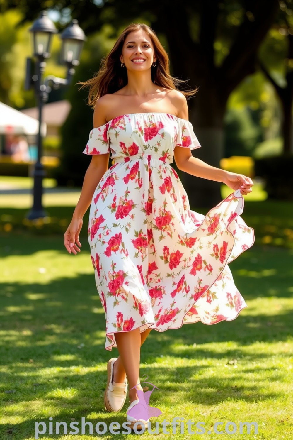 A Latina woman wearing a breezy off-the-shoulder floral cotton dress and espadrilles, enjoying a sunny afternoon. Perfect for casual outings and a stylish summer look. pinshoesoutfits.com