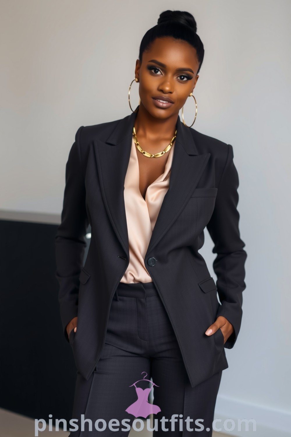 Sophisticated professional outfit showcasing a Black woman in a tailored charcoal gray blazer, cream silk blouse, and high-waisted wide-leg trousers with gold jewelry accents. A stylish example of women