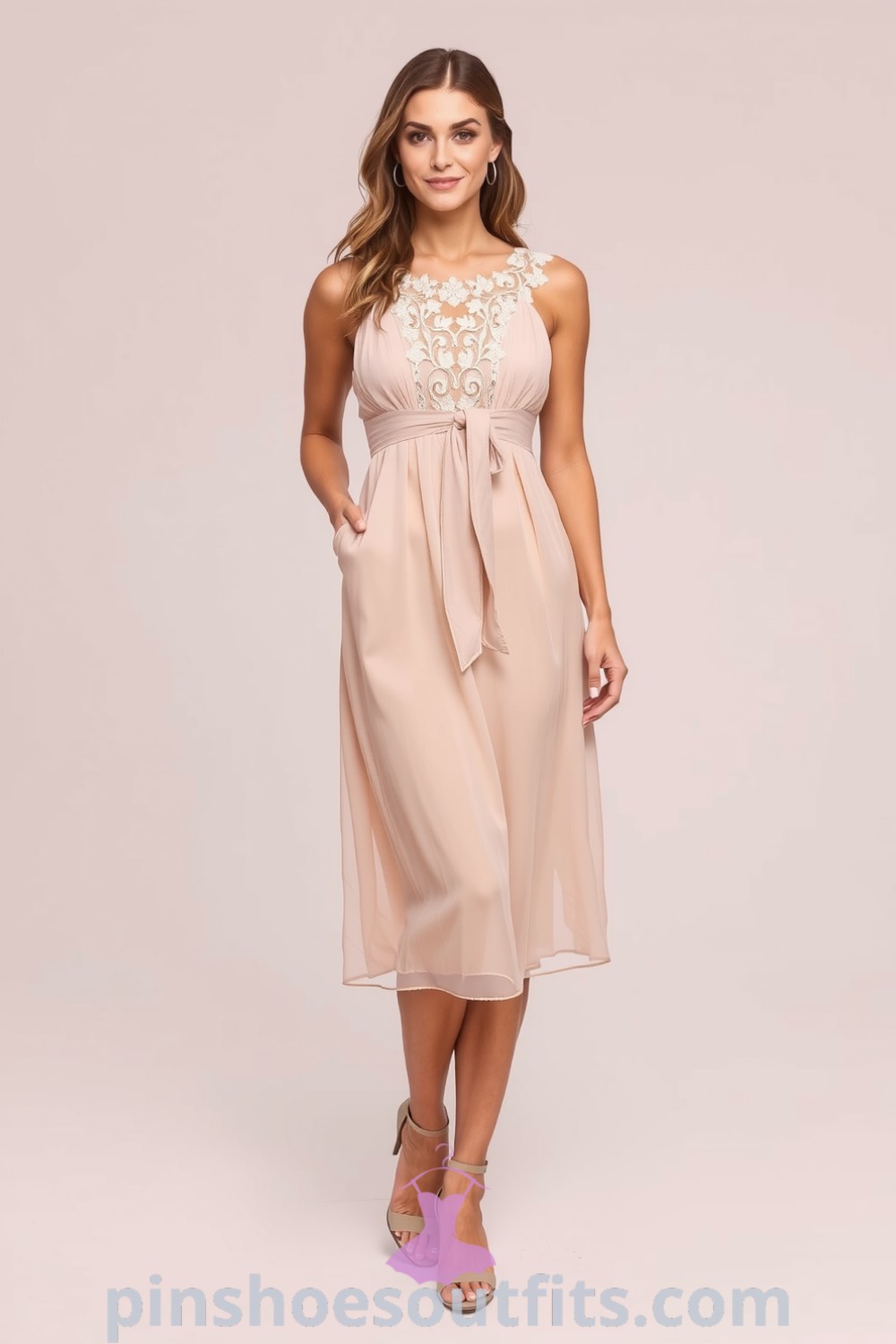 Elegant fitted midi dress in soft chiffon with lace detailing, featuring an A-line silhouette and strappy heels, creating a chic and sophisticated look for date nights. pinshoesoutfits.com