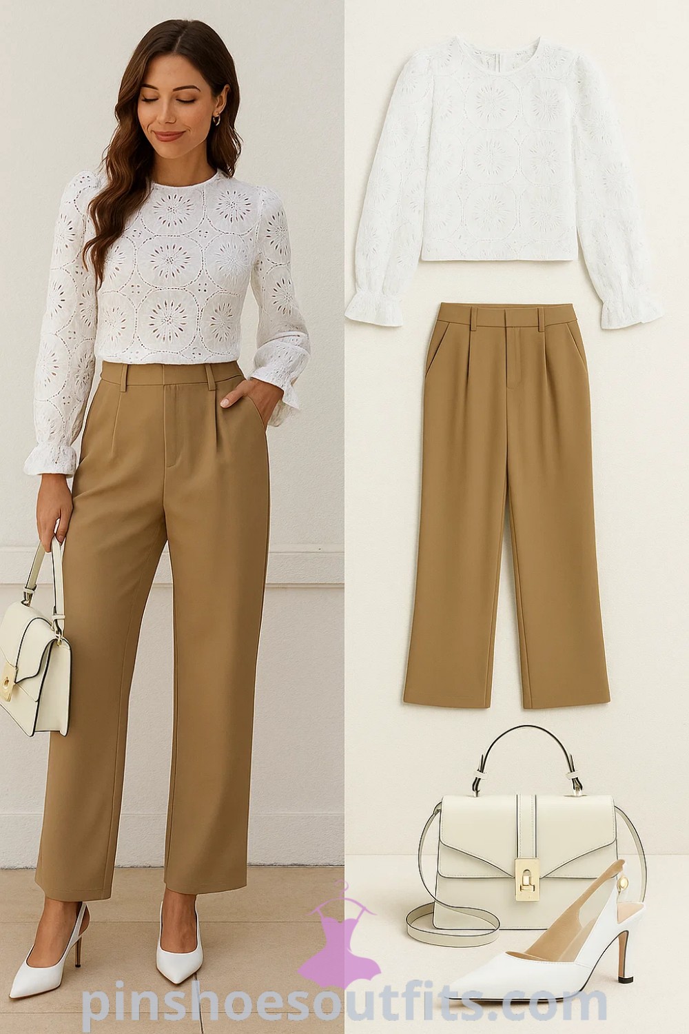 White embroidered blouse paired with tailored tan trousers, complementing structured white handbag and pointed toe heels, showcasing a chic smart casual outfit perfect for office attire, brunch, or business meetings, ideal for a polished look at pinshoesoutfits.com.