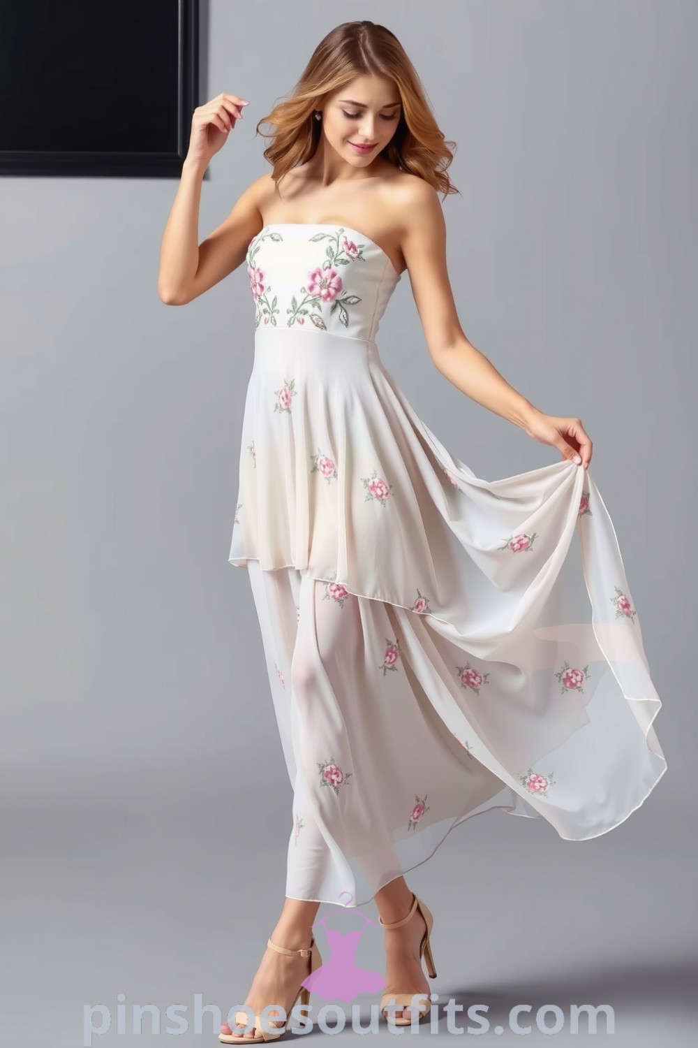 Floral embroidered chiffon dress with fitted bodice and layered skirt, embodying elegance and romance. Perfect for date night inspiration, suitable for stylish women. pinshoesoutfits.com