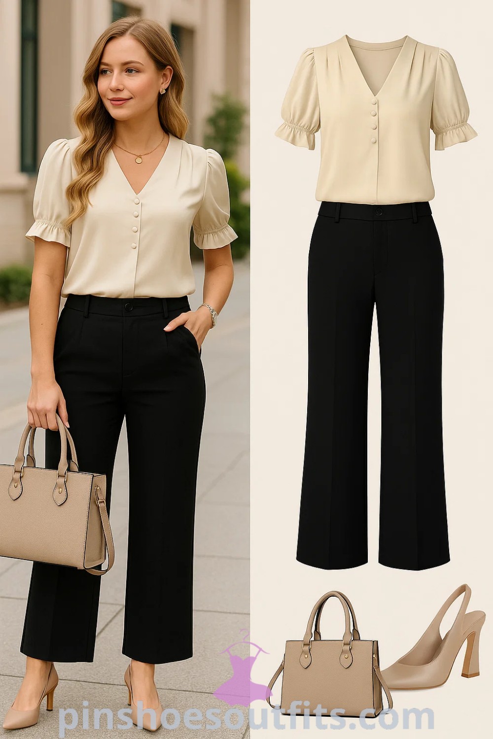 Light beige button-up blouse with puff sleeves, black wide-leg trousers, nude pointed-toe heels, and a structured beige handbag make a sophisticated outfit for lawyers and professionals. Perfect for office wear, business meetings, or brunch, demonstrating modern elegance and timeless style. Explore more at pinshoesoutfits.com.