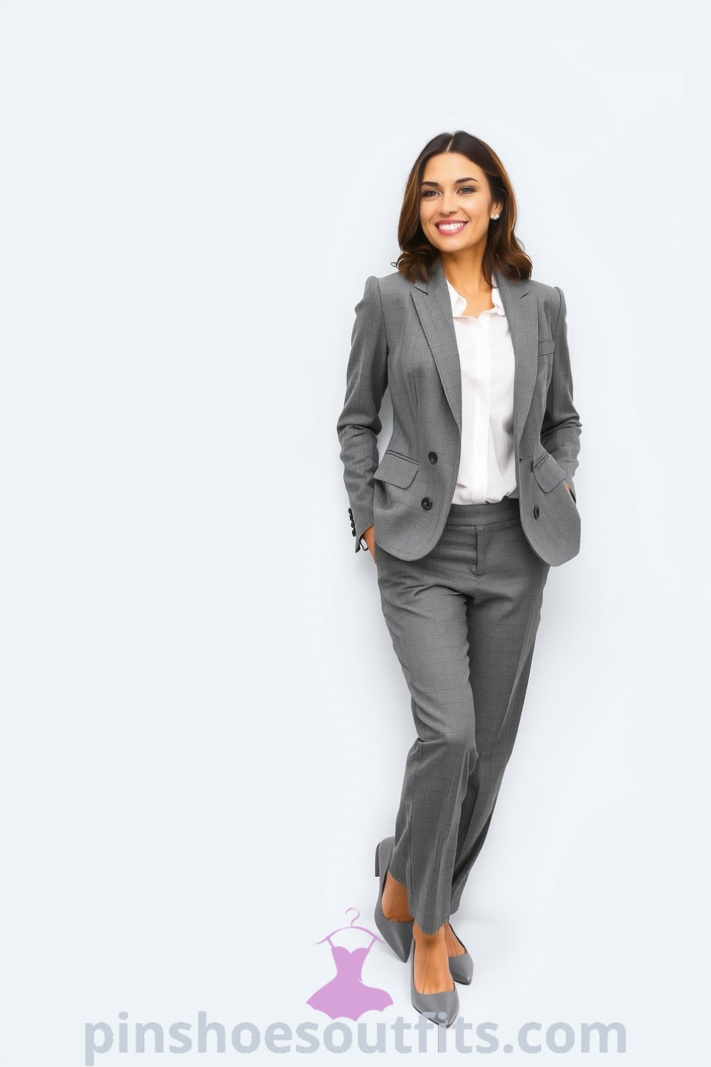 A woman in a tailored grey blazer and trousers paired with a crisp white blouse and pointed-toe flats, showcasing a professional and sophisticated workwear look. Outfits to inspire your look this season at pinshoesoutfits.com.