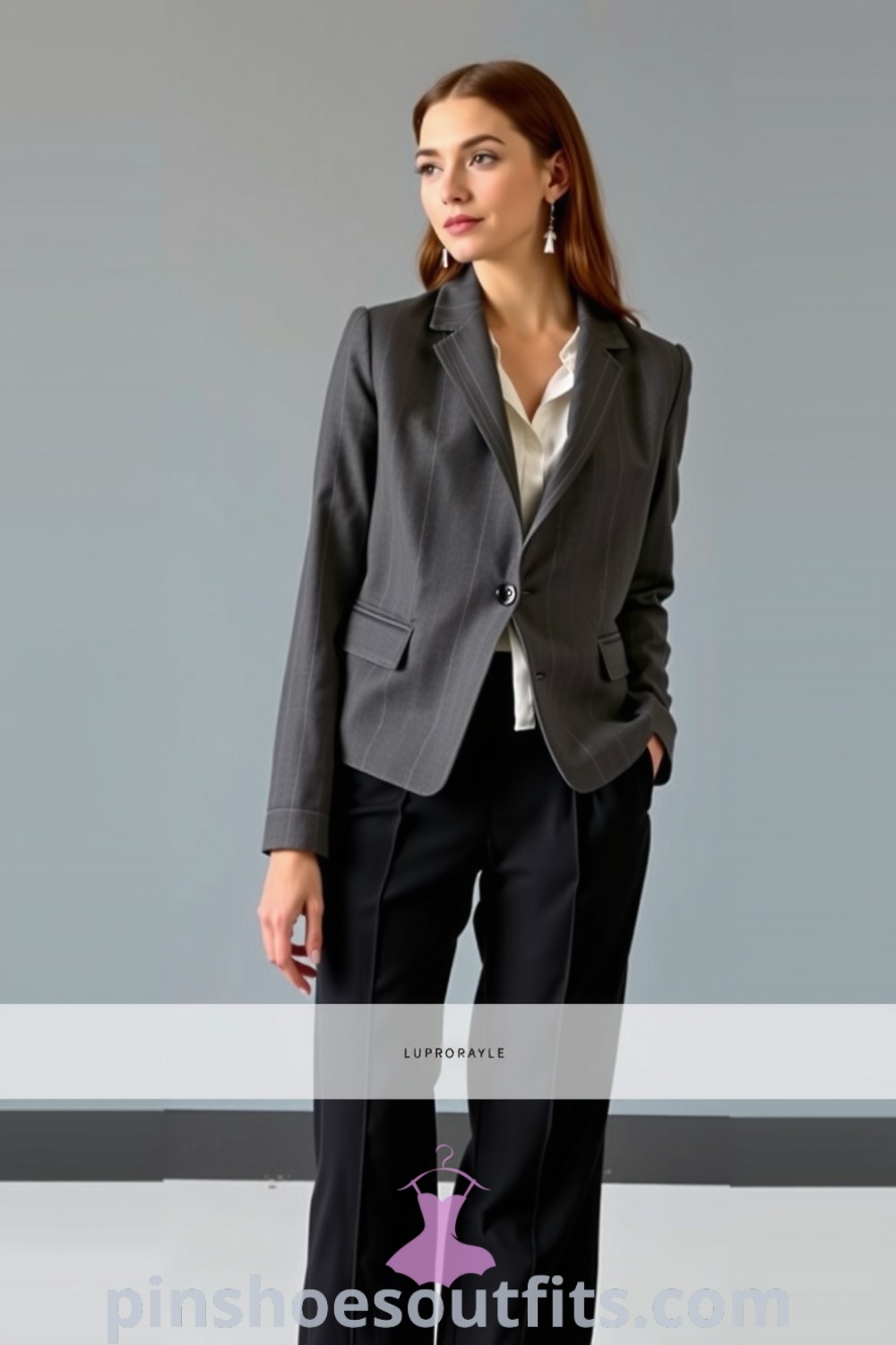 Stylish professional outfit featuring a tailored gray blazer, white blouse, wide-leg black trousers, and pointed-toe heels. A sophisticated look for women, perfect for the office. pinshoesoutfits.com