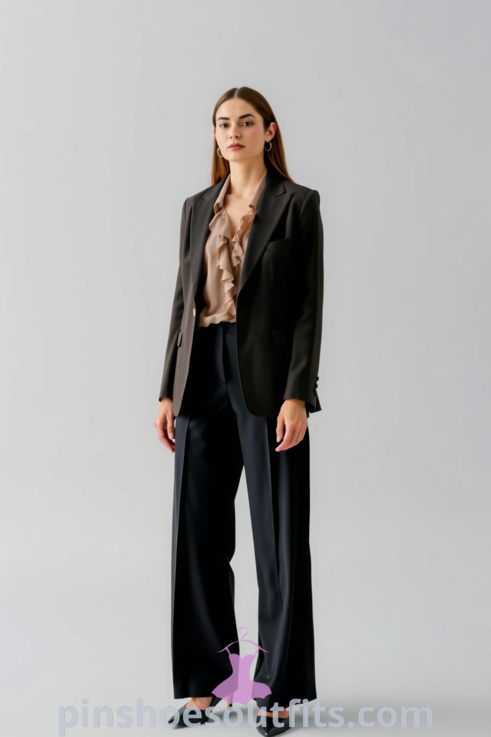 Elegant corporate workwear outfit featuring a tailored charcoal blazer, wide-leg trousers, and a silk blouse with ruffles, complemented by pointed-toe heels. Perfect for professionalism and grace, showcasing styles for women