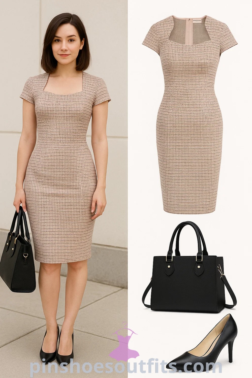 a fitted beige dress with short sleeves, black pointed-toe heels, and a structured black handbag, perfect for professional outfits and business casual wear, featured on pinshoesoutfits.com