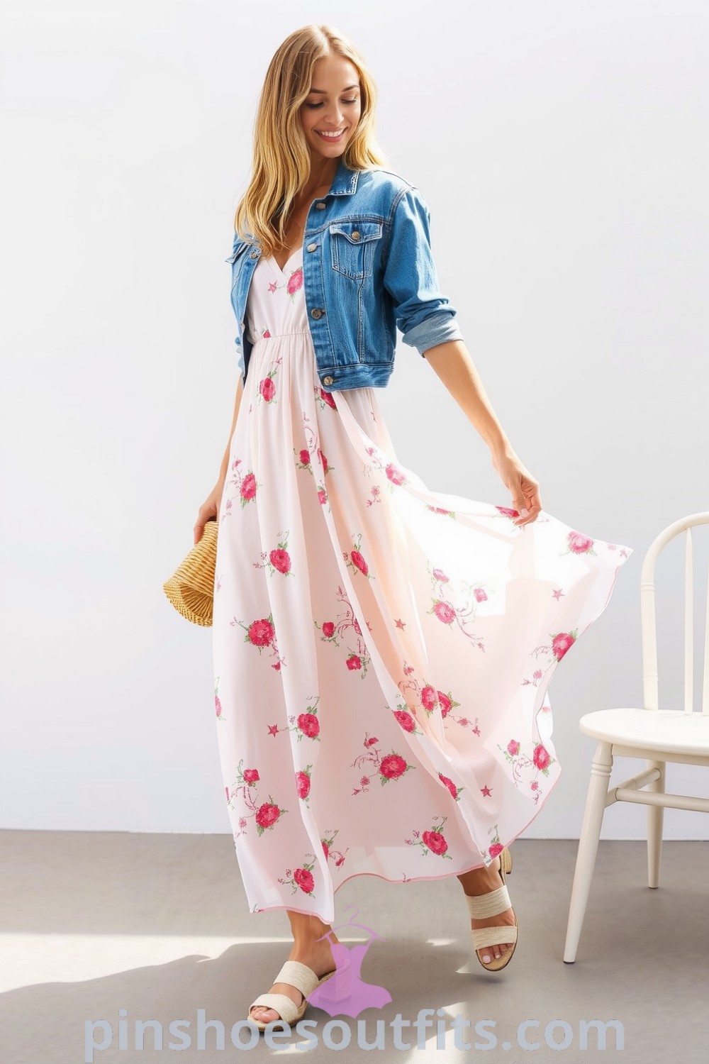 Flowing maxi dress in chiffon with floral prints, layered with denim jacket, strappy sandals, and woven tote, perfect for a sunny day. Outfit ideas to look chic, classy, and expensive. pinshoesoutfits.com