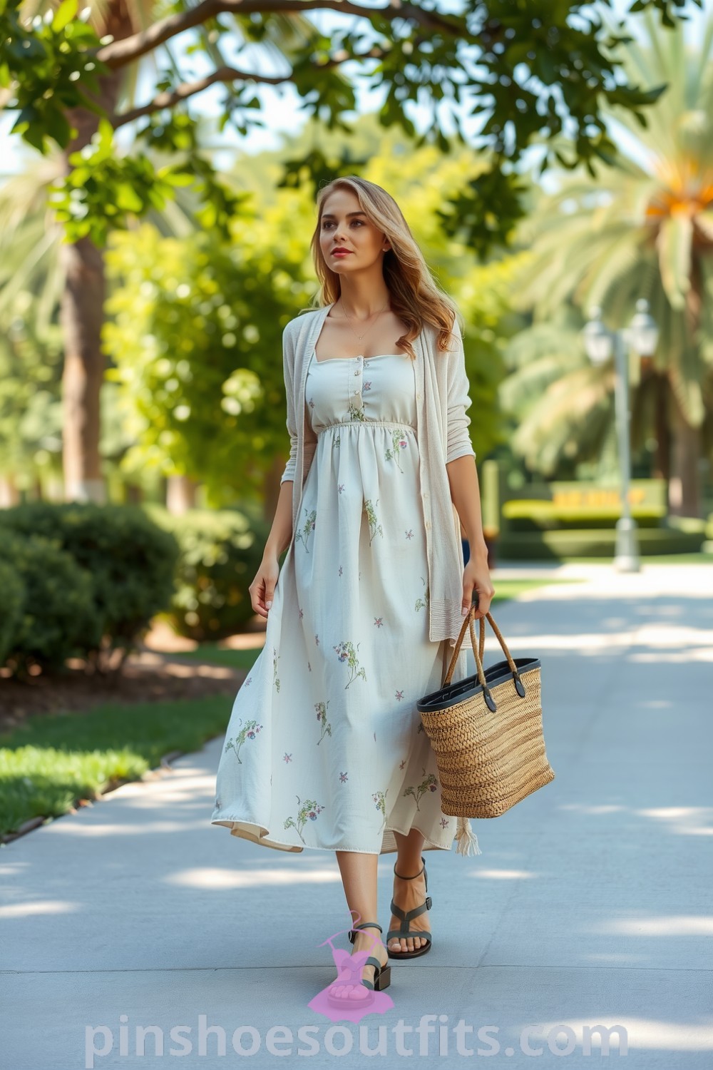 A woman strolls in a floral linen sundress, lightweight cardigan, strappy sandals, and woven tote in a sunny park. Chic summer outfit inspiration for elegance and comfort. pinshoesoutfits.com