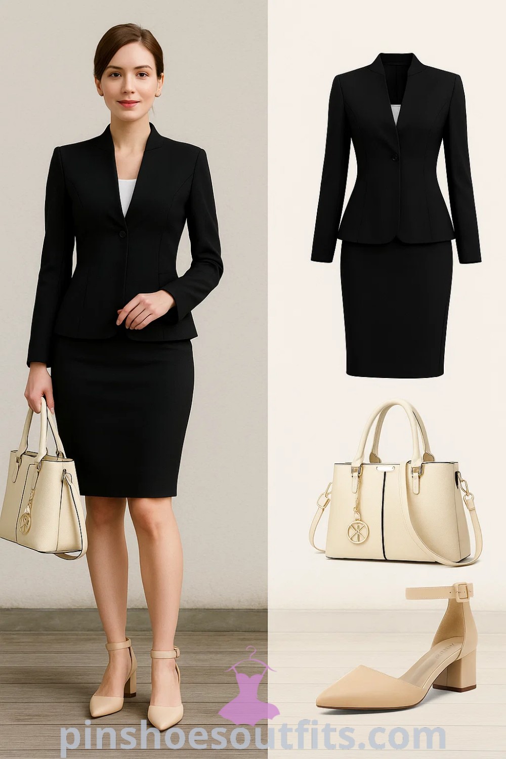 Stylish professional outfit featuring a black tailored blazer, pencil skirt, nude block heel shoes, and a structured beige handbag, ideal for office attire or business meetings showcasing elegance and professionalism on pinshoesoutfits.com.