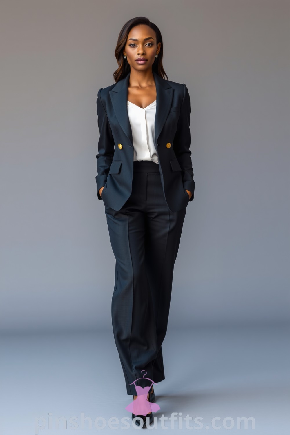 Black woman in a tailored charcoal suit with a fitted blazer and high-waisted trousers, complemented by a white silk blouse and pointed-toe heels, exuding elegance and professionalism. pinshoesoutfits.com