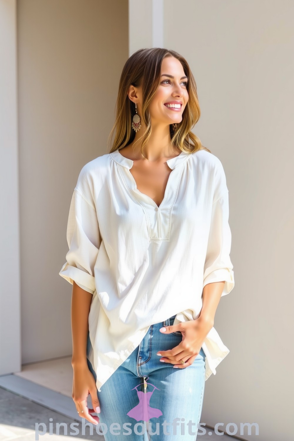 A woman in a cream-colored linen blouse with pintucks, styled with high-waisted denim jeans and stylish sandals, exemplifying casual elegance. pinshoesoutfits.com